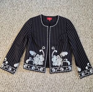Oscar de la Renta Black Pinstripe Embroidered Floral Jacket/ Blazer Size 10